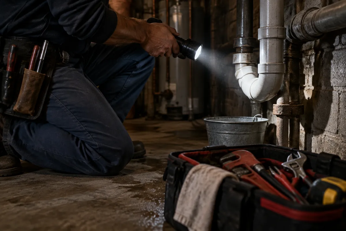 Emergency plumber in Reading, PA shining a flashlight at basement drain piping